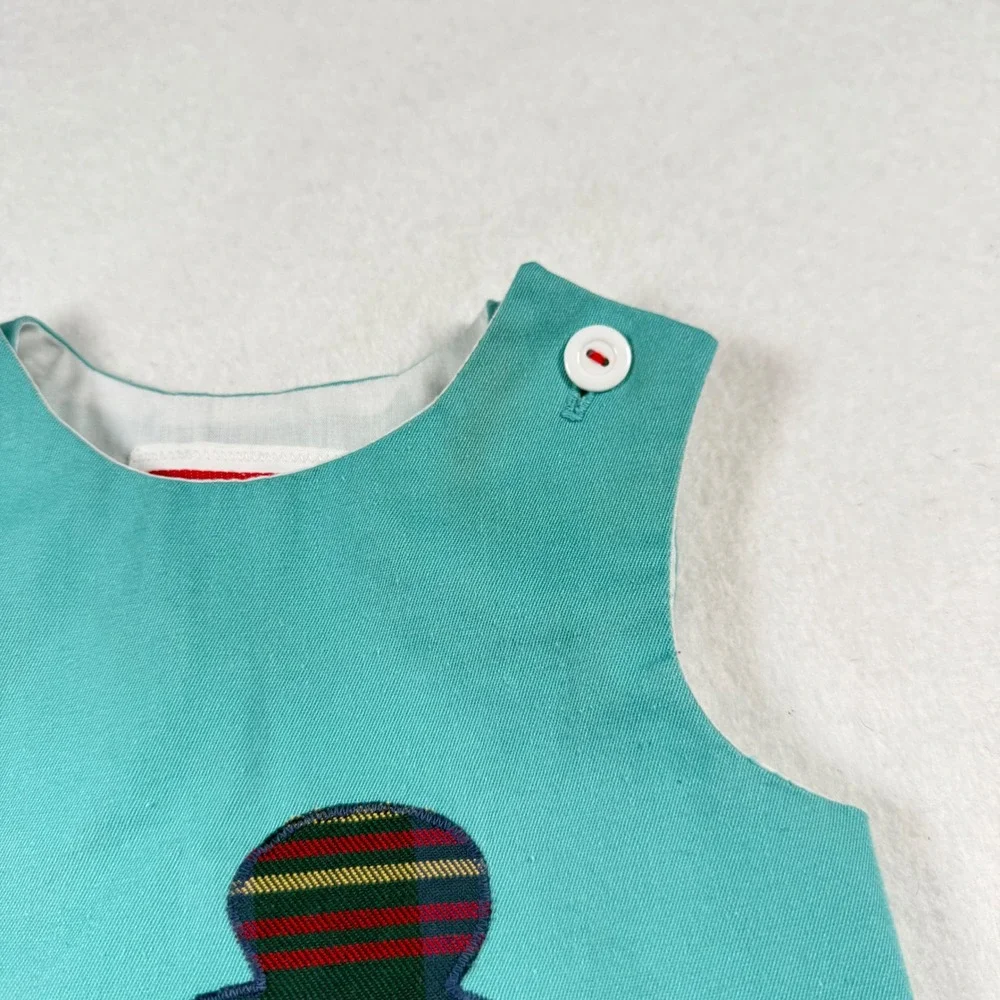 Vintage Chocolate Soup Teal Plaid Teddy Bear Bubble Romper Baby 9-12 months
